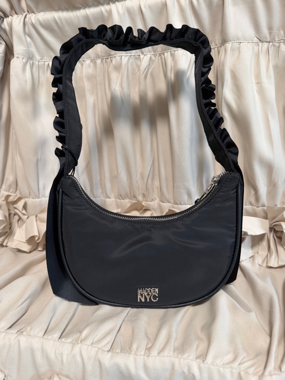 Black Ruffle-Handle Shoulder Bag